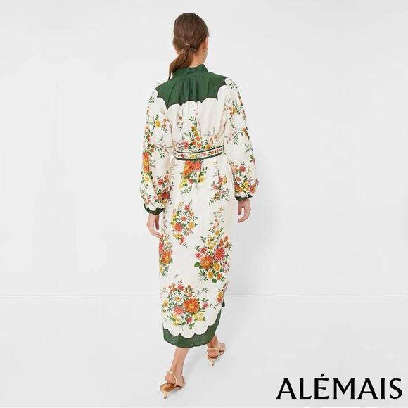 ALÉMAIS *NWT* Elisabetta Belted Forest Green/Cream Floral Linen Midi Shirt Dress - Picture 7 of 15